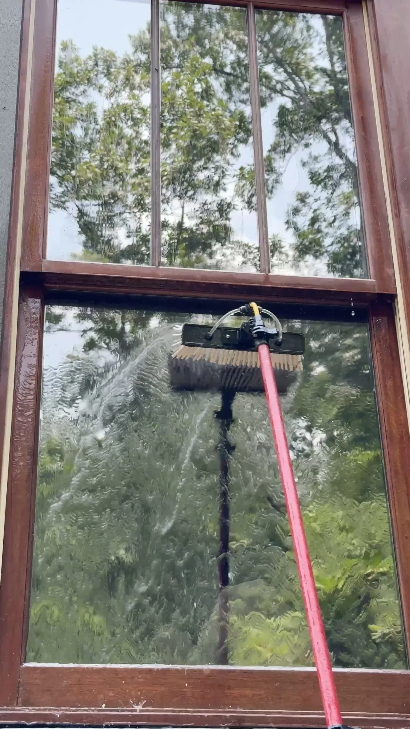 Water-fed brush on a dark-stained original wood window frame