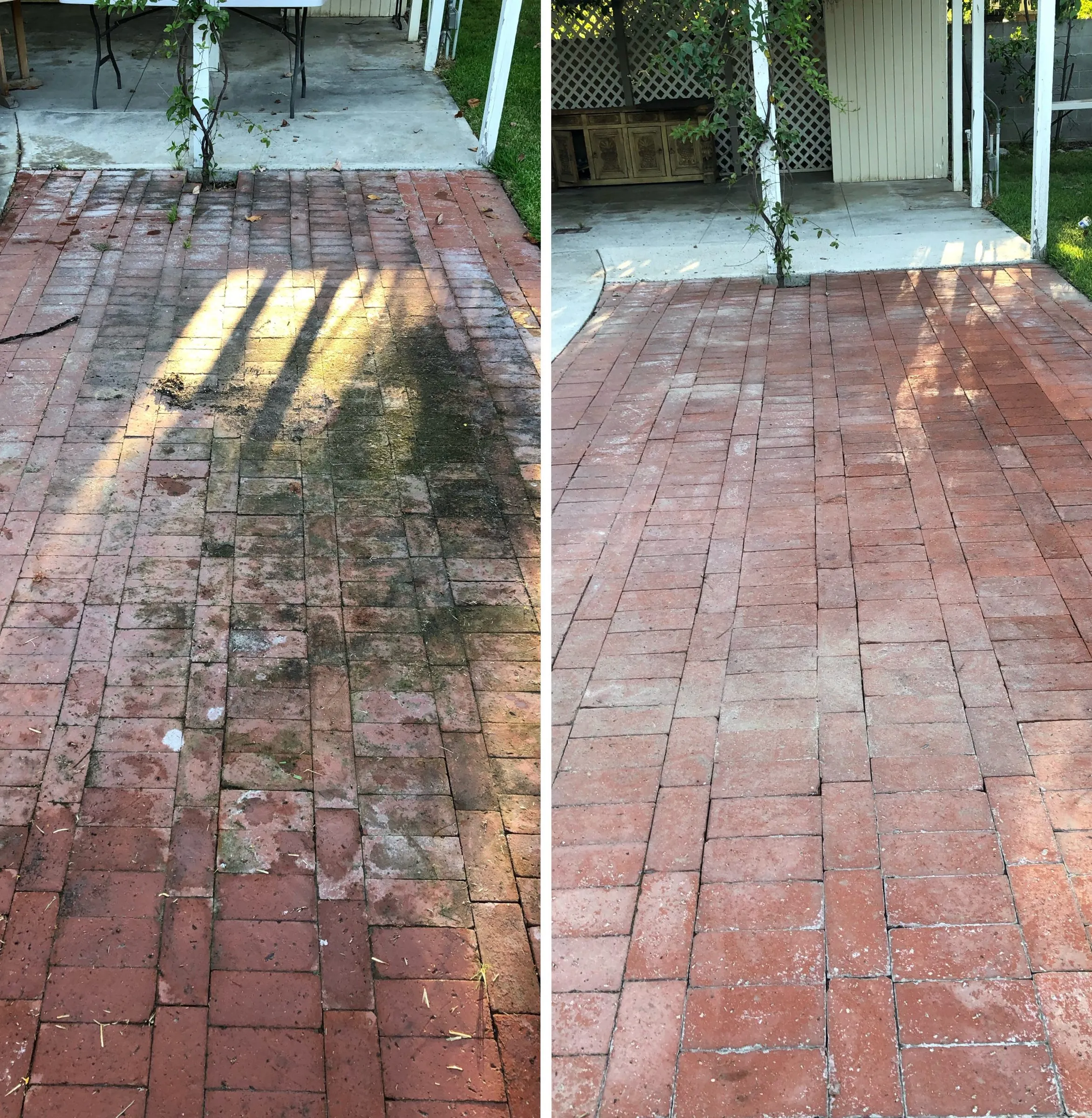 Brick patio, mossy and dark on the left, clean red brick on the right after pressure washing