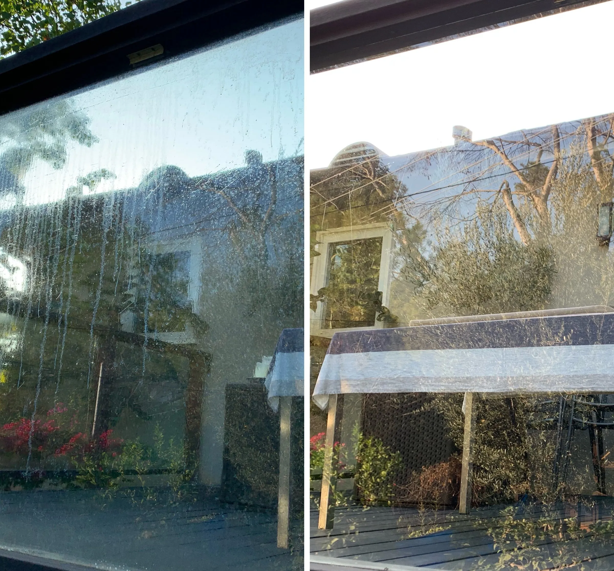 Window covered in water spots on the left, clear glass on the right after cleaning
